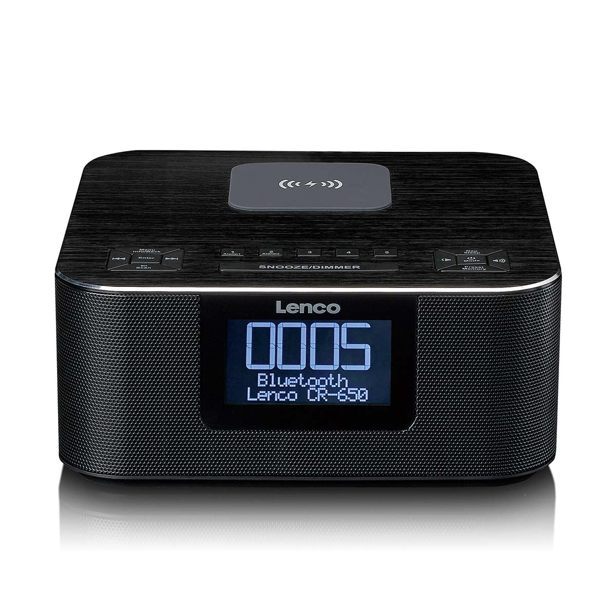 Radio sveglia Bluetooth Lenco CR-650 nera con display digitale su sfondo bianco.