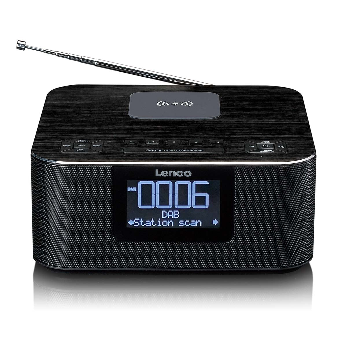 Radio digitale Lenco nera con antenna estensibile e display digitale su sfondo bianco.