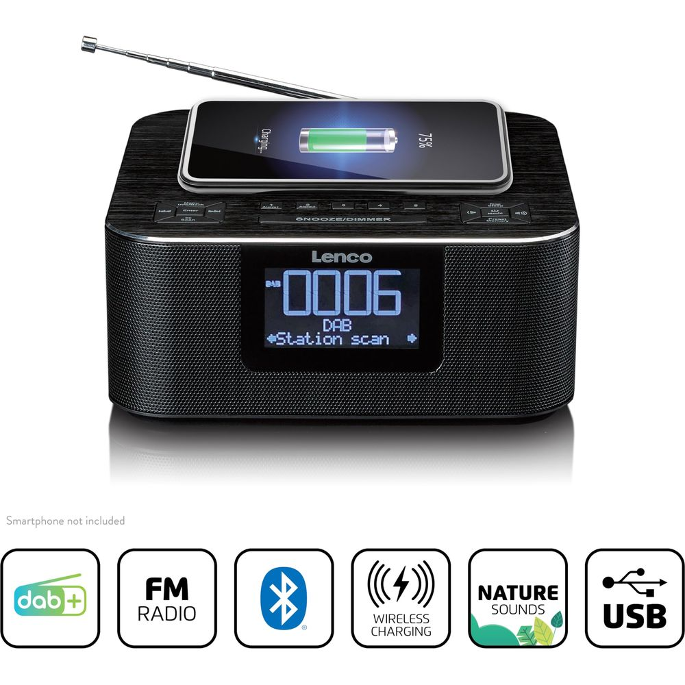 Una radio digitale Lenco nera con uno smartphone in ricarica wireless sopra e icone di funzione sotto.