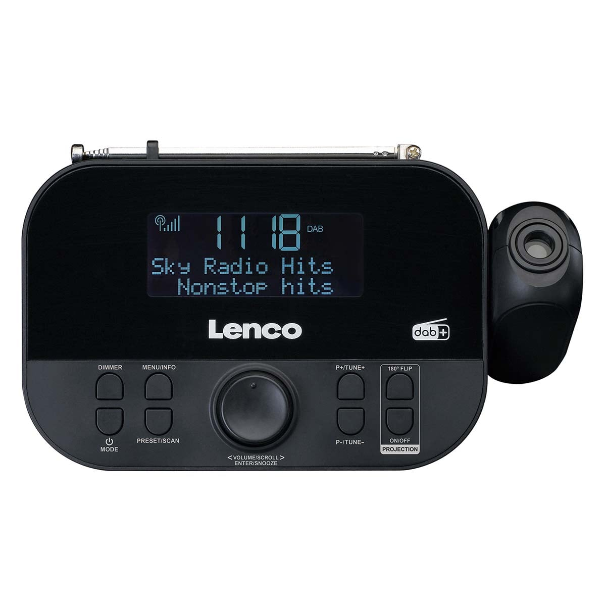 Ein schwarzes Lenco Digitalradio mit blauem LC-Display, Bedienelementen und seitlicher Projektionslinse.