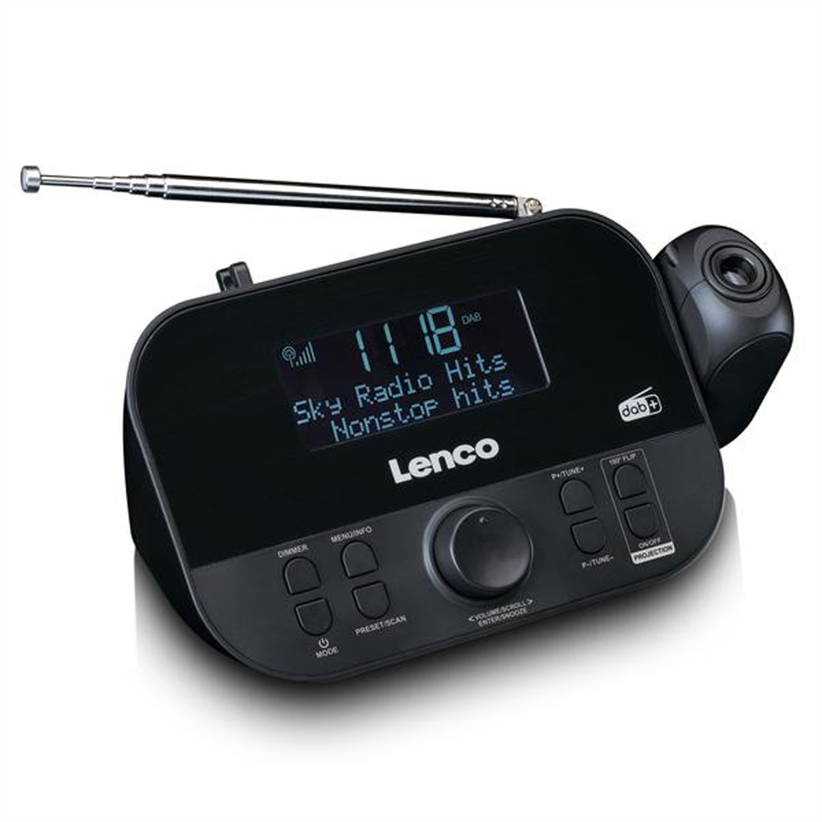 Schwarzes Lenco DAB+ Radio mit digitalem Display, Antenne und Bedienelementen.