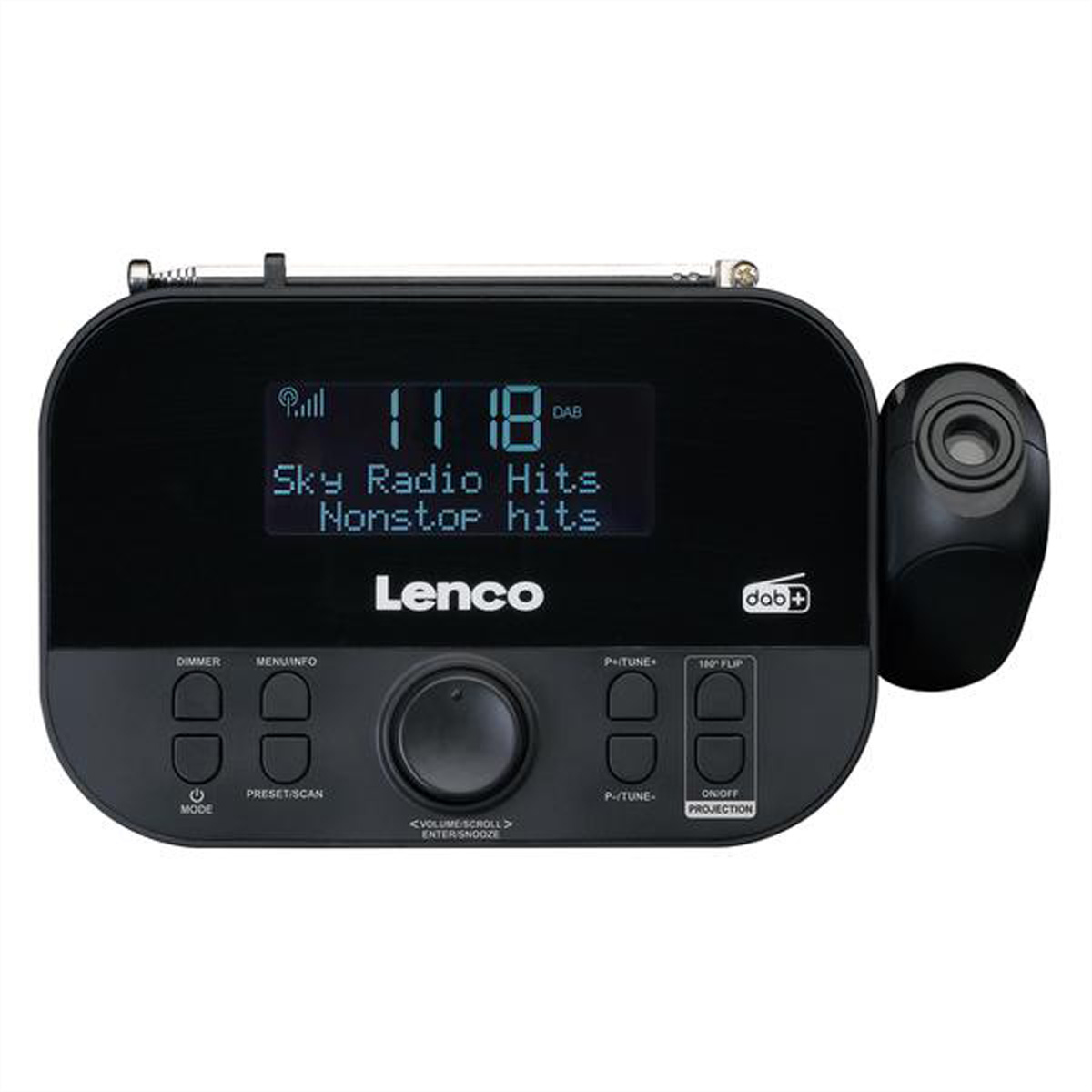 Schwarzes Lenco DAB+ Radiowecker mit digitalem Display und Projektionslinse rechts.