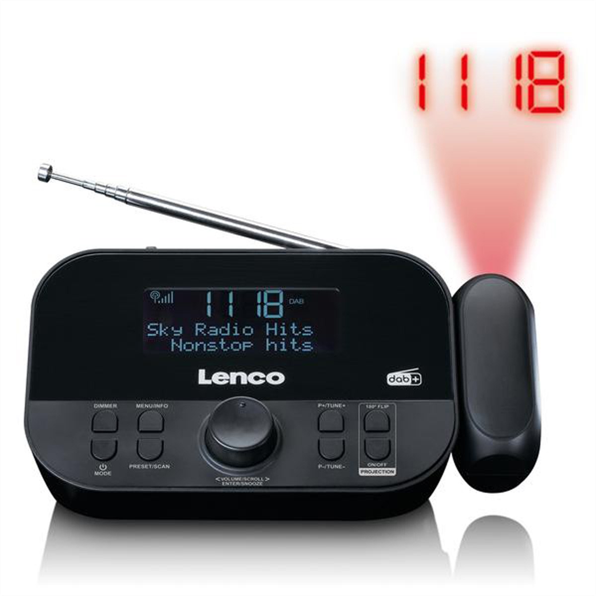 Schwarzes Lenco Radio mit Antenne, Display, Tasten und roter Zeitanzeige an der Wand.