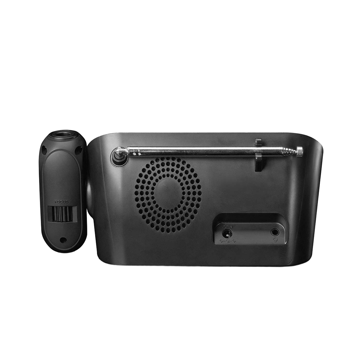 Rückseite eines schwarzen Radios mit Antenne, runden Lautsprecheröffnungen und Ports vor weißem Hintergrund.