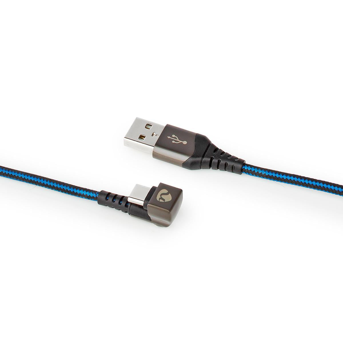 Un cavo USB intrecciato blu e nero con connettori dritti e angolati su sfondo bianco.