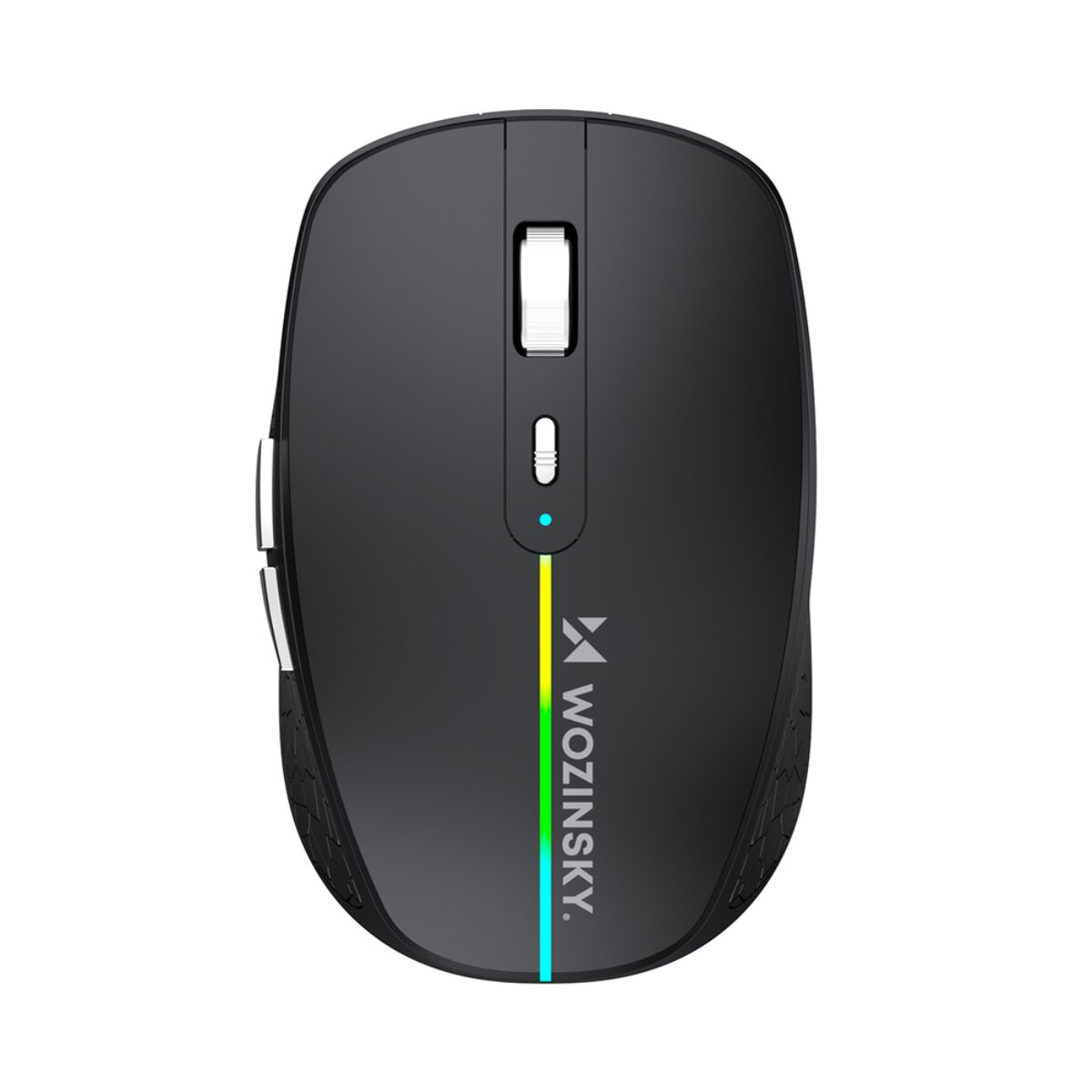 Un mouse per computer nero Wozinsky con illuminazione RGB su sfondo bianco.