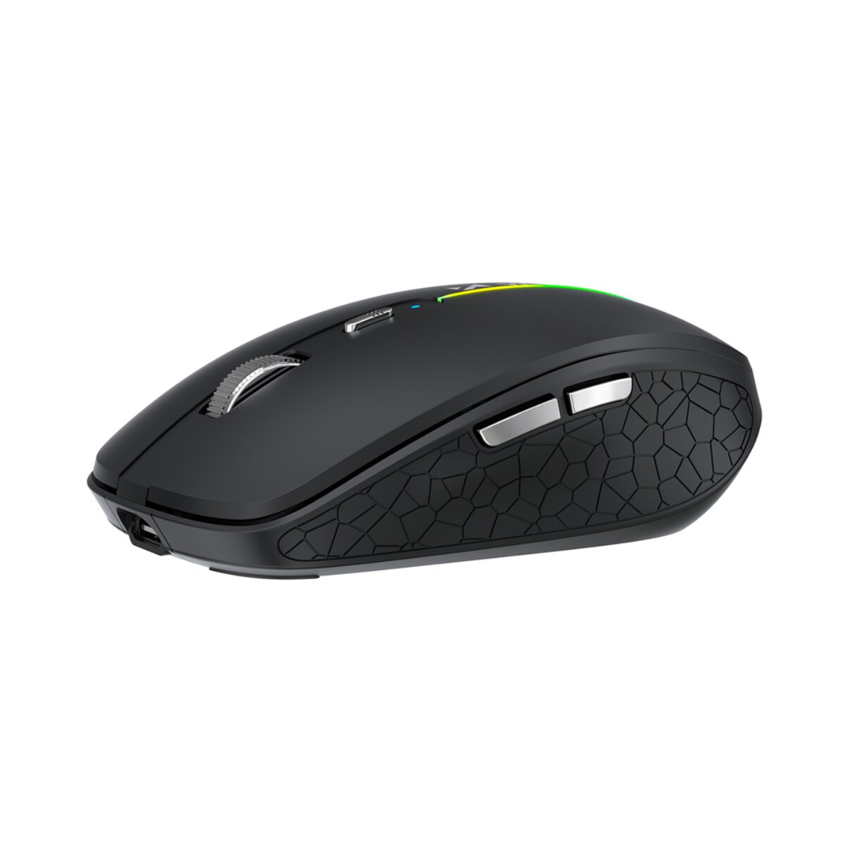 Mouse wireless nero con impugnature laterali testurizzate e pulsanti argentati.