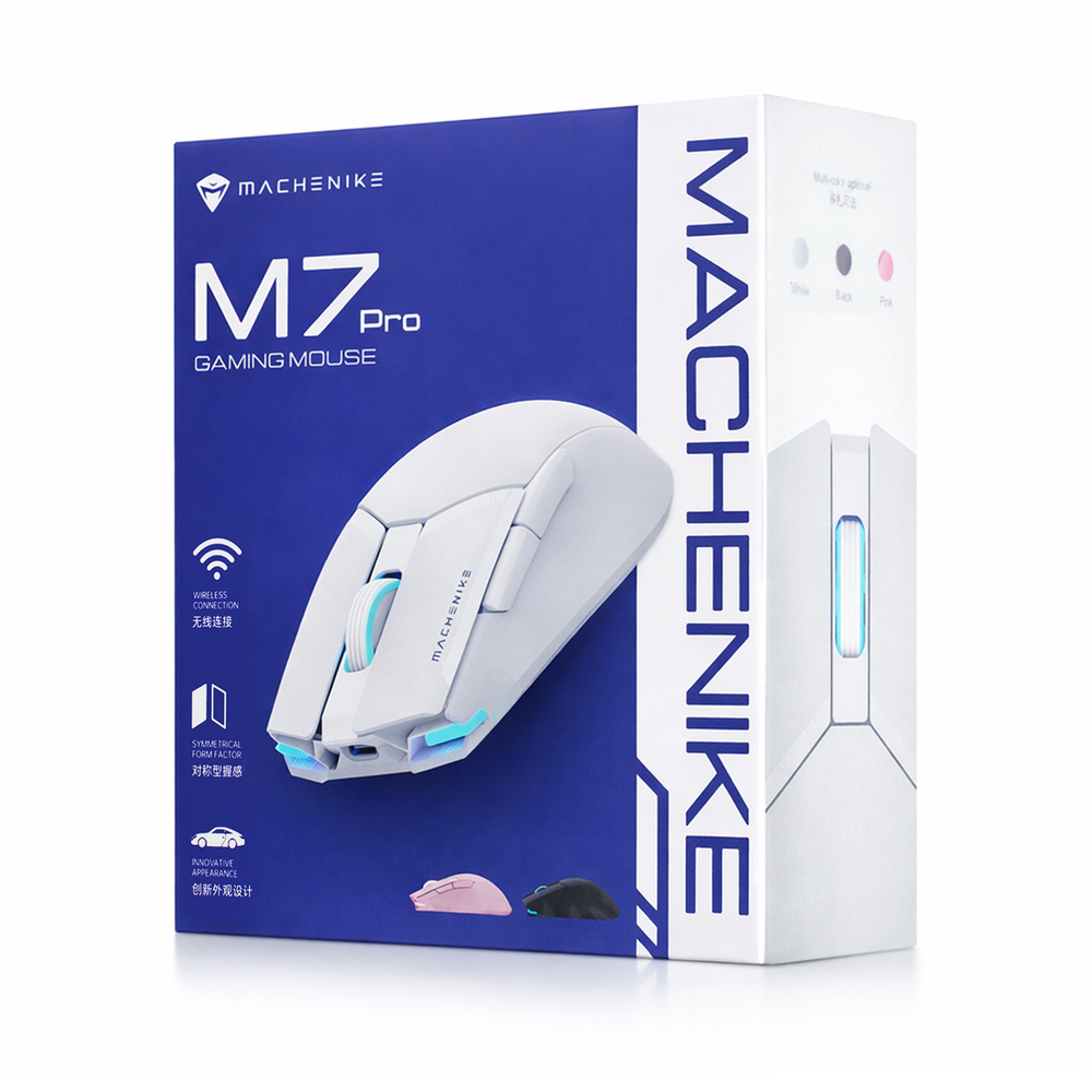 Confezione blu e bianca per il mouse da gioco Machenike M7 Pro, con immagine e testo.