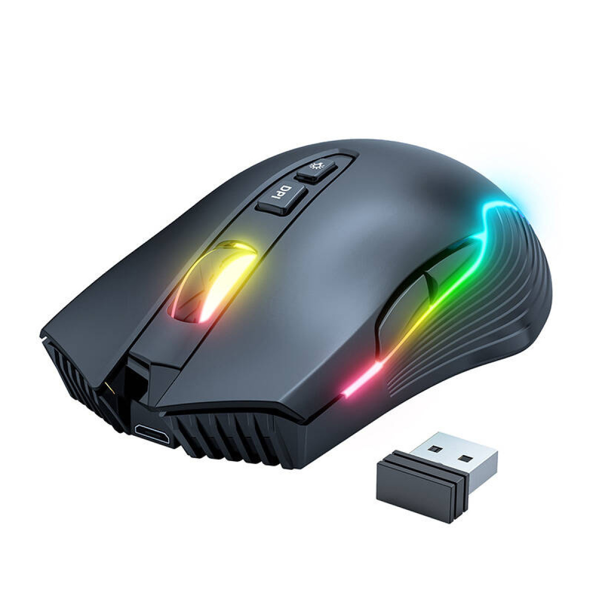 Mouse da gioco wireless nero con illuminazione RGB e ricevitore USB su sfondo bianco.
