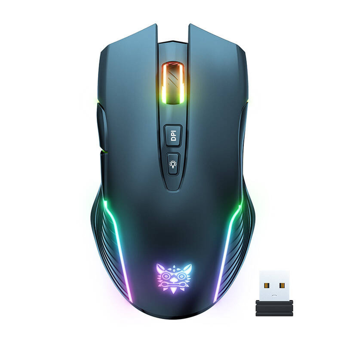 Un mouse da gioco wireless nero con vivaci luci LED RGB e un piccolo ricevitore USB.