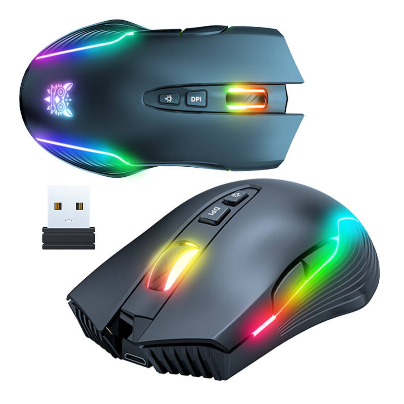 Mouse da gioco wireless nero con luci LED colorate e un piccolo ricevitore USB su sfondo bianco.
