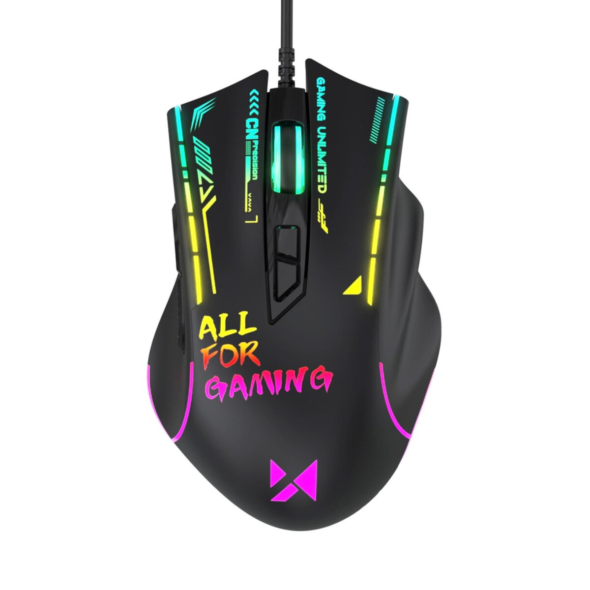 Eine schwarze kabelgebundene Gaming-Maus mit leuchtenden LEDs, individueller Grafik und dem Text ALL FOR GAMING.