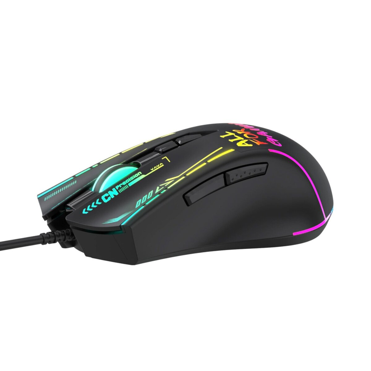 Schwarze Gaming-Maus mit bunten RGB-Leuchten und Seitentasten auf weißem Hintergrund.