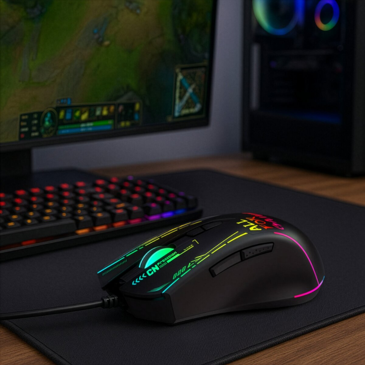 Eine schwarze Gaming-Maus mit RGB-Beleuchtung auf einem Mauspad, im Hintergrund ein Monitor und eine Tastatur.