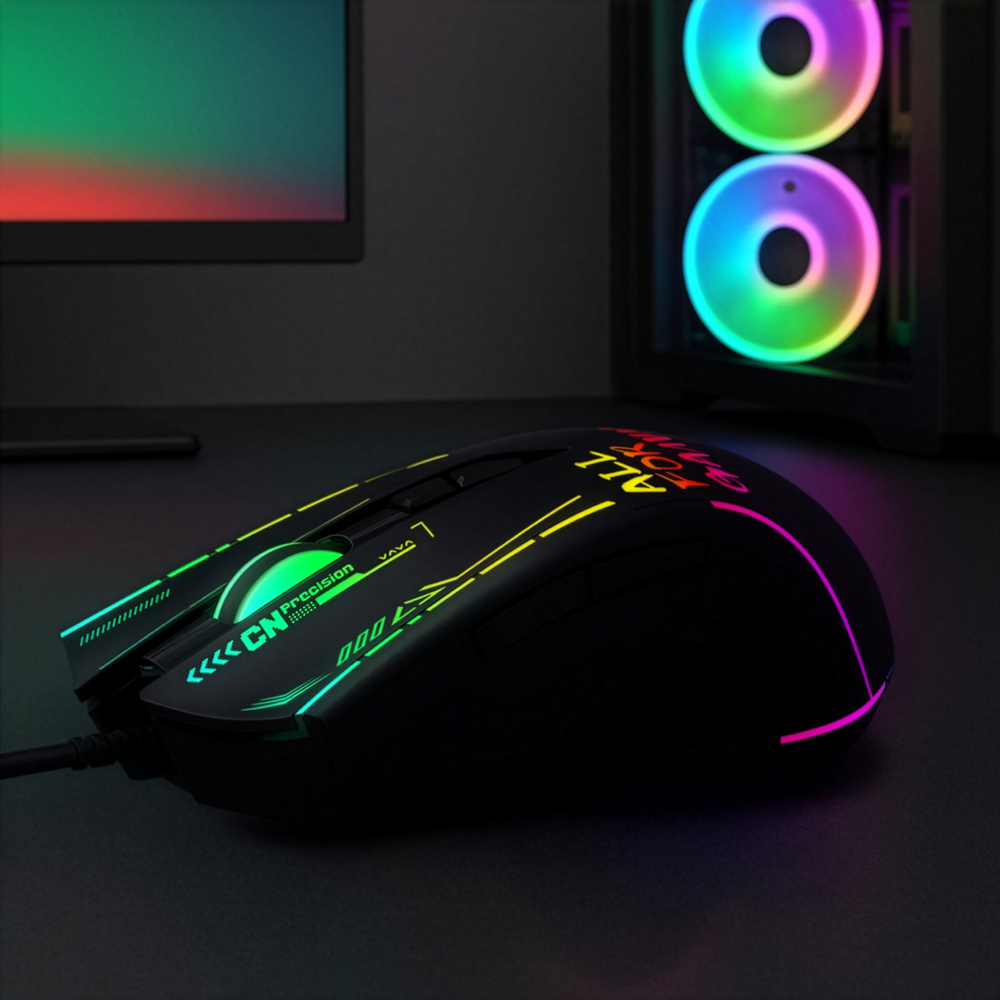 Eine schwarze Gaming-Maus mit bunter RGB-Beleuchtung auf einem dunklen Tisch, im Hintergrund ein PC-Gehäuse mit leuchtenden Lüftern.