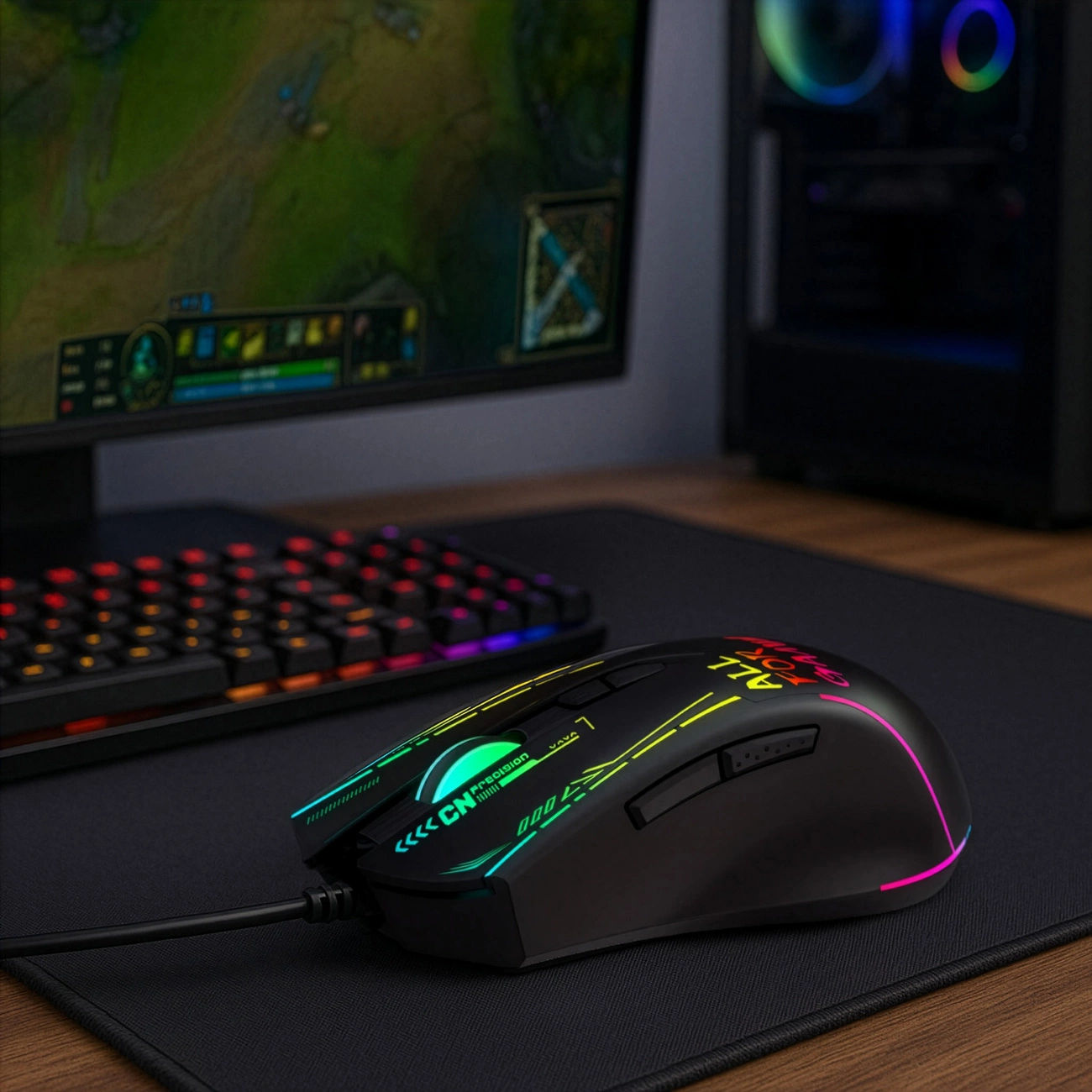Eine leuchtende schwarze Gaming-Maus auf einem Schreibtisch mit Tastatur, Monitor und PC im Hintergrund.