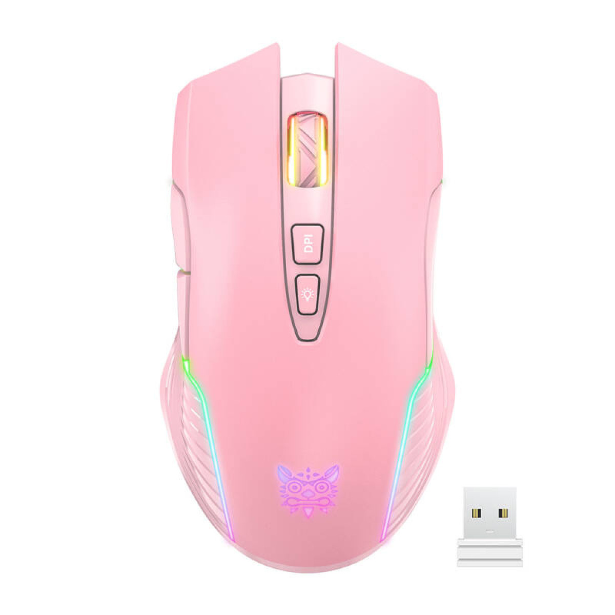 Un mouse da gioco wireless rosa con luci RGB e un piccolo ricevitore USB su sfondo bianco.