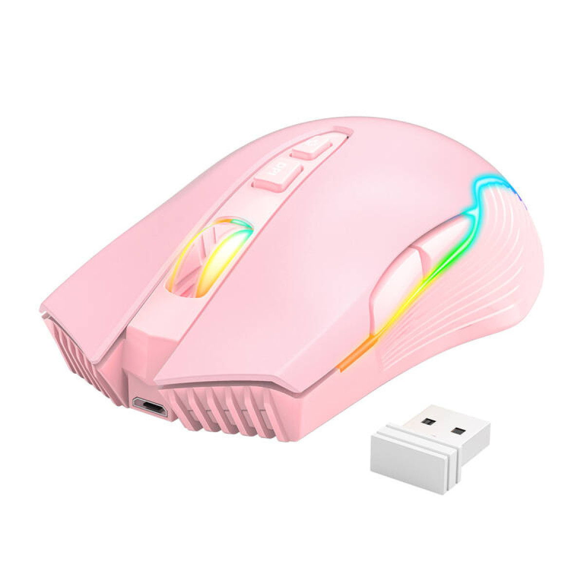 Un mouse per computer wireless rosa con illuminazione RGB e ricevitore USB su sfondo bianco.