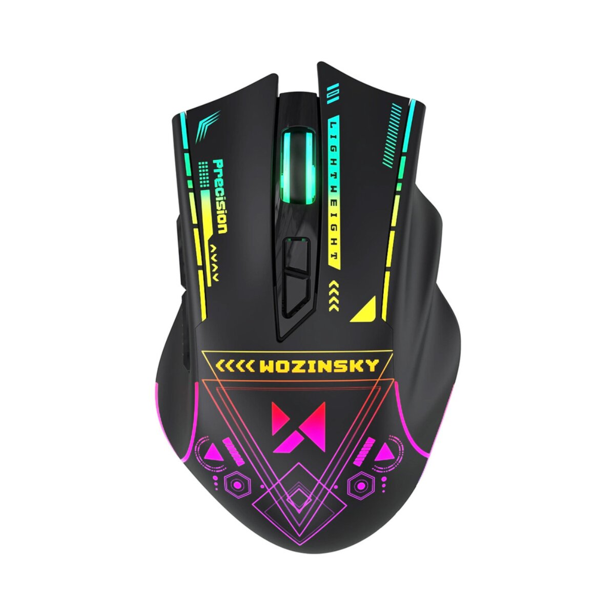 Un mouse da gioco nero con luci LED colorate, design futuristici e accenti di testo su sfondo bianco.