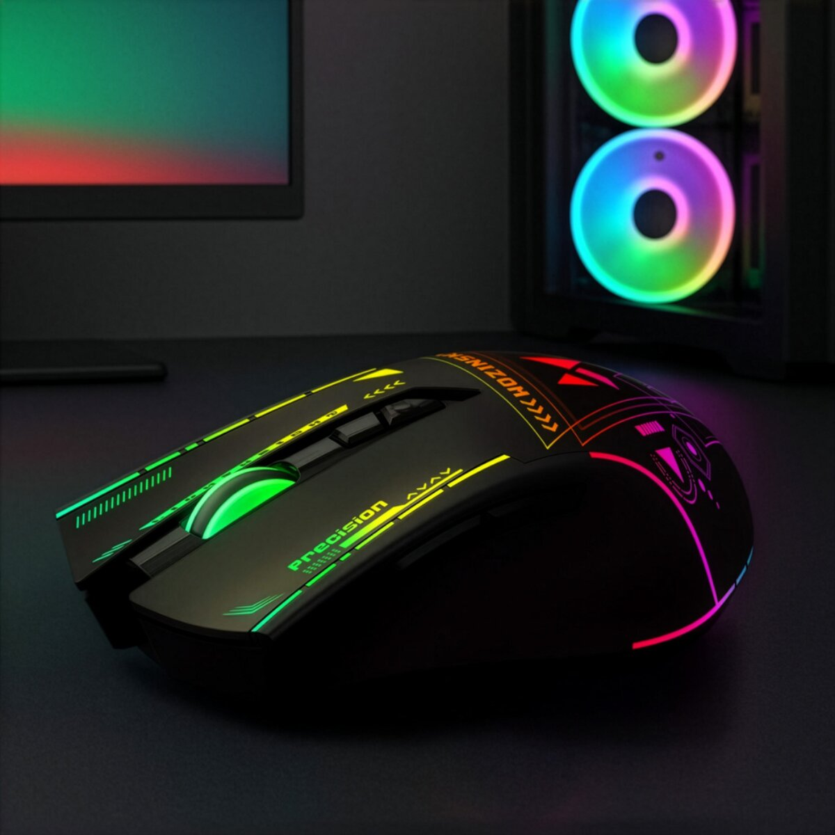 Un mouse da gioco nero con vivace illuminazione RGB brilla su una scrivania scura.