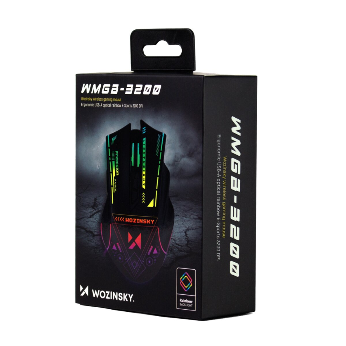 Scatola di prodotti nera per il mouse da gioco wireless Wozinsky WMG3-3200 con retroilluminazione arcobaleno.
