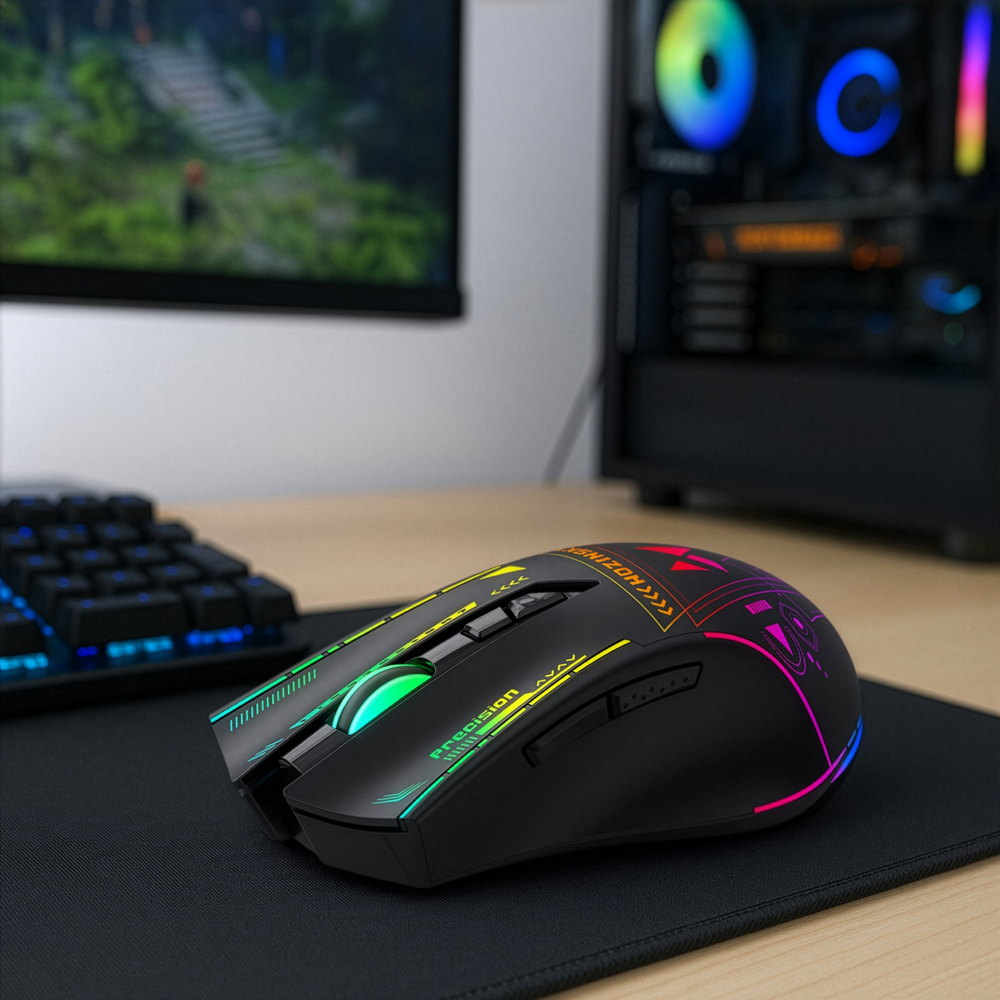 Un mouse da gioco nero con vivace illuminazione RGB su una scrivania, con tastiera e PC sullo sfondo sfocato.