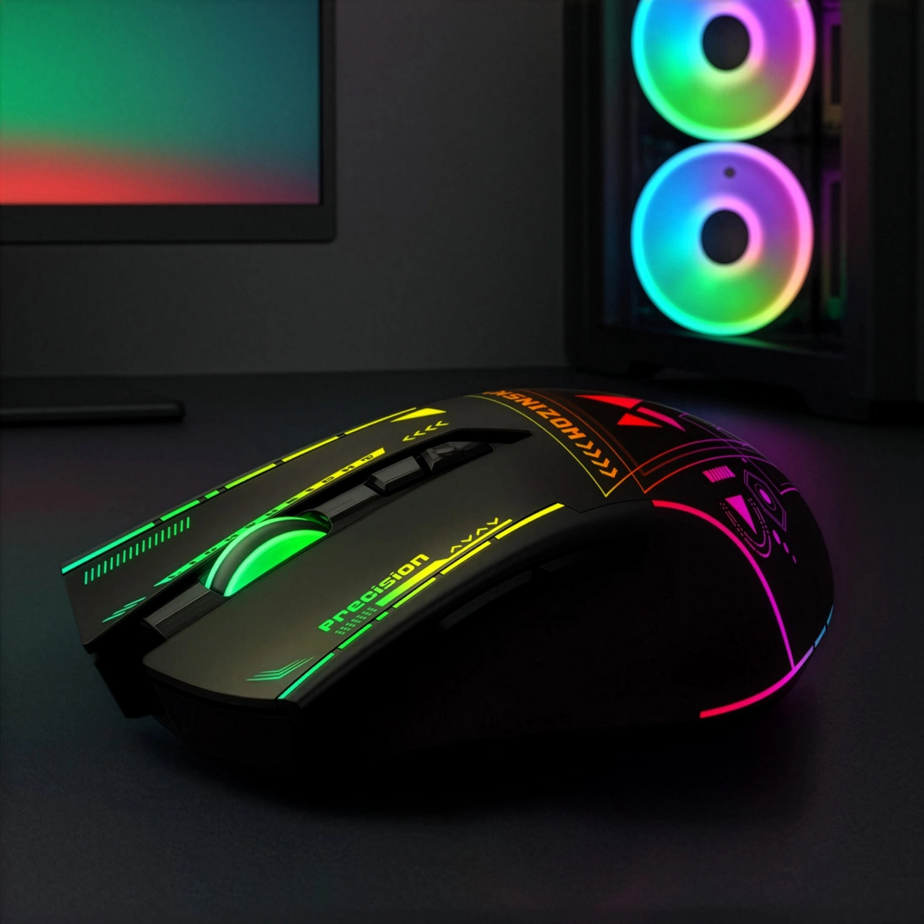 Un mouse da gioco nero con vivace illuminazione RGB su una scrivania scura, con ventole del PC illuminate sullo sfondo.