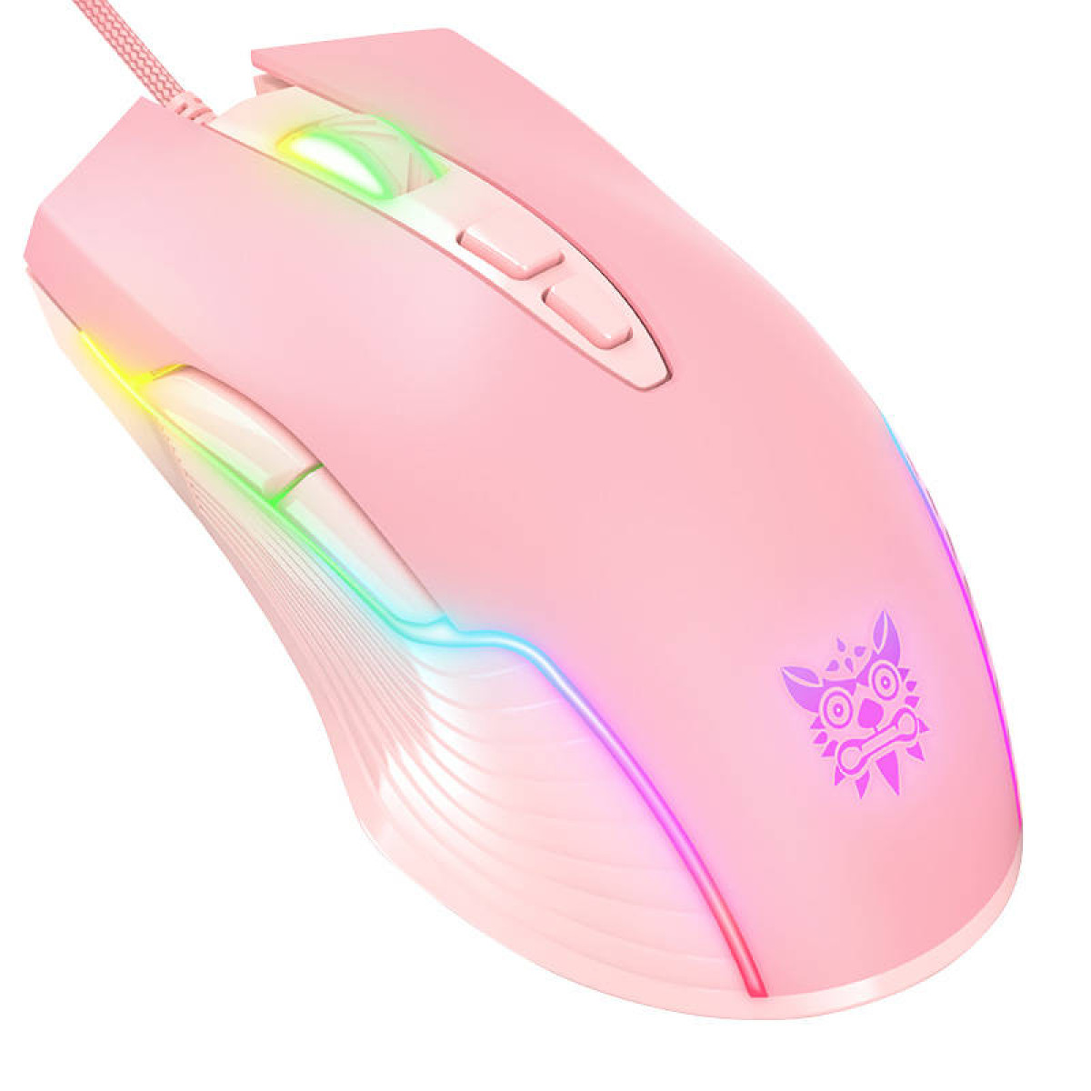 Un mouse da gioco rosa con illuminazione RGB su sfondo bianco.