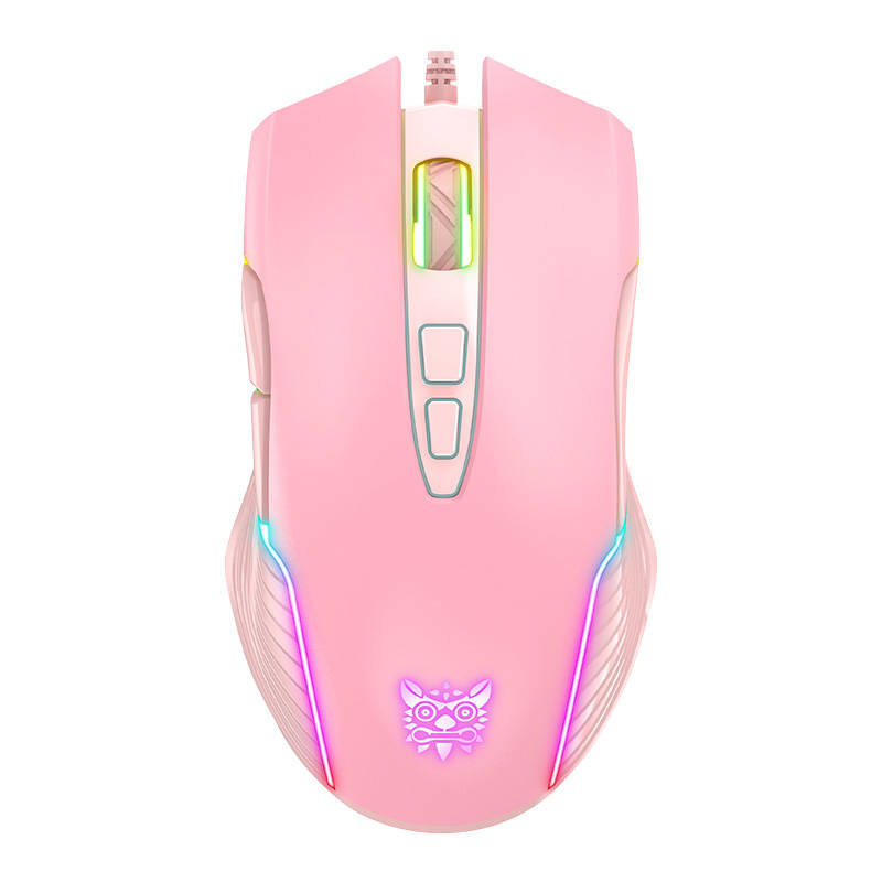 Un mouse da gioco rosa con illuminazione RGB e logo decorativo su sfondo bianco.