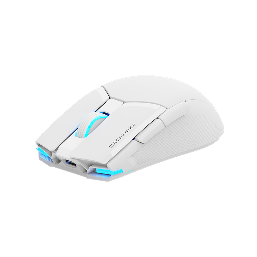 Un mouse da gioco bianco con illuminazione blu sulla rotella e sulla parte anteriore, su sfondo bianco.