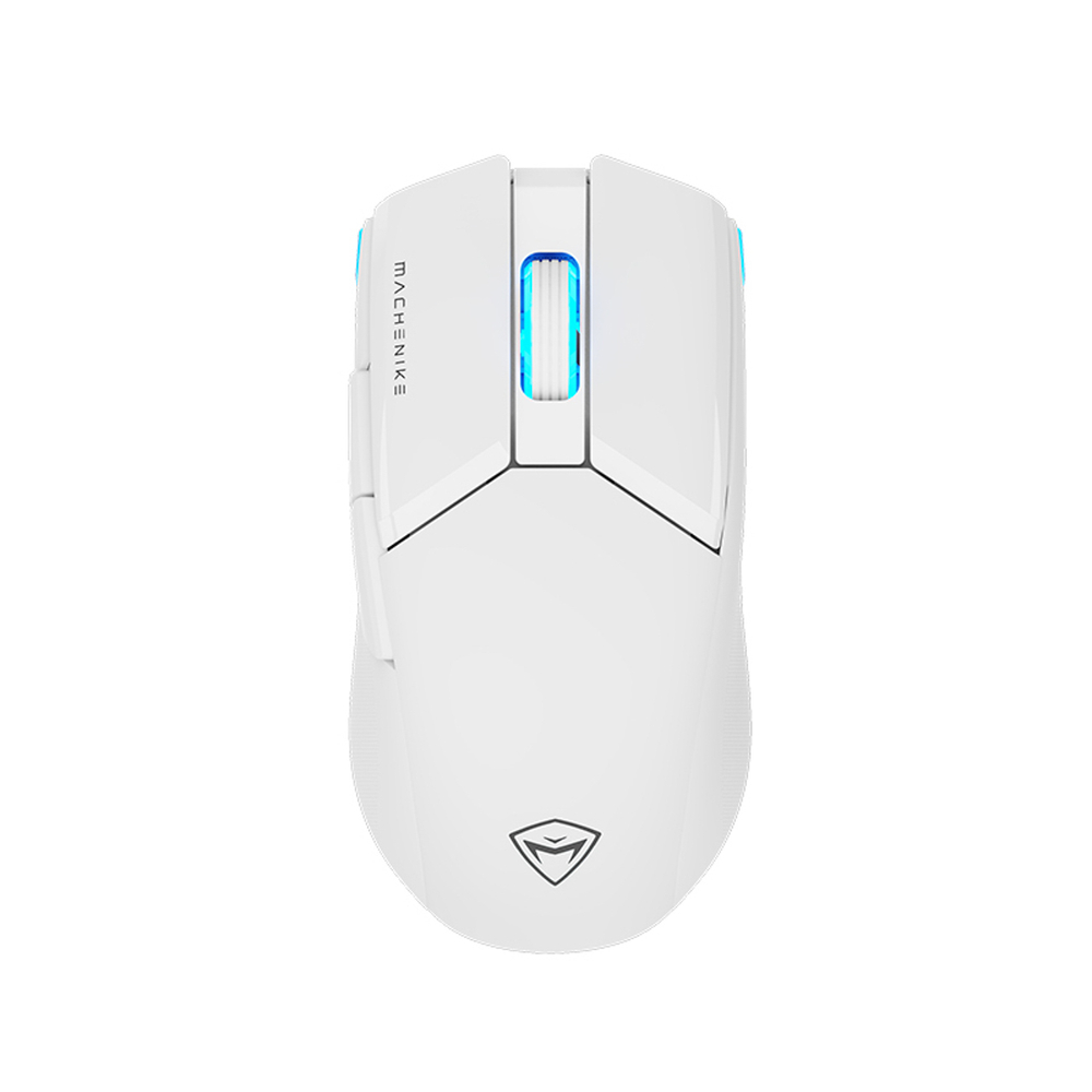 Un mouse da gioco wireless bianco con illuminazione blu sulla rotellina.