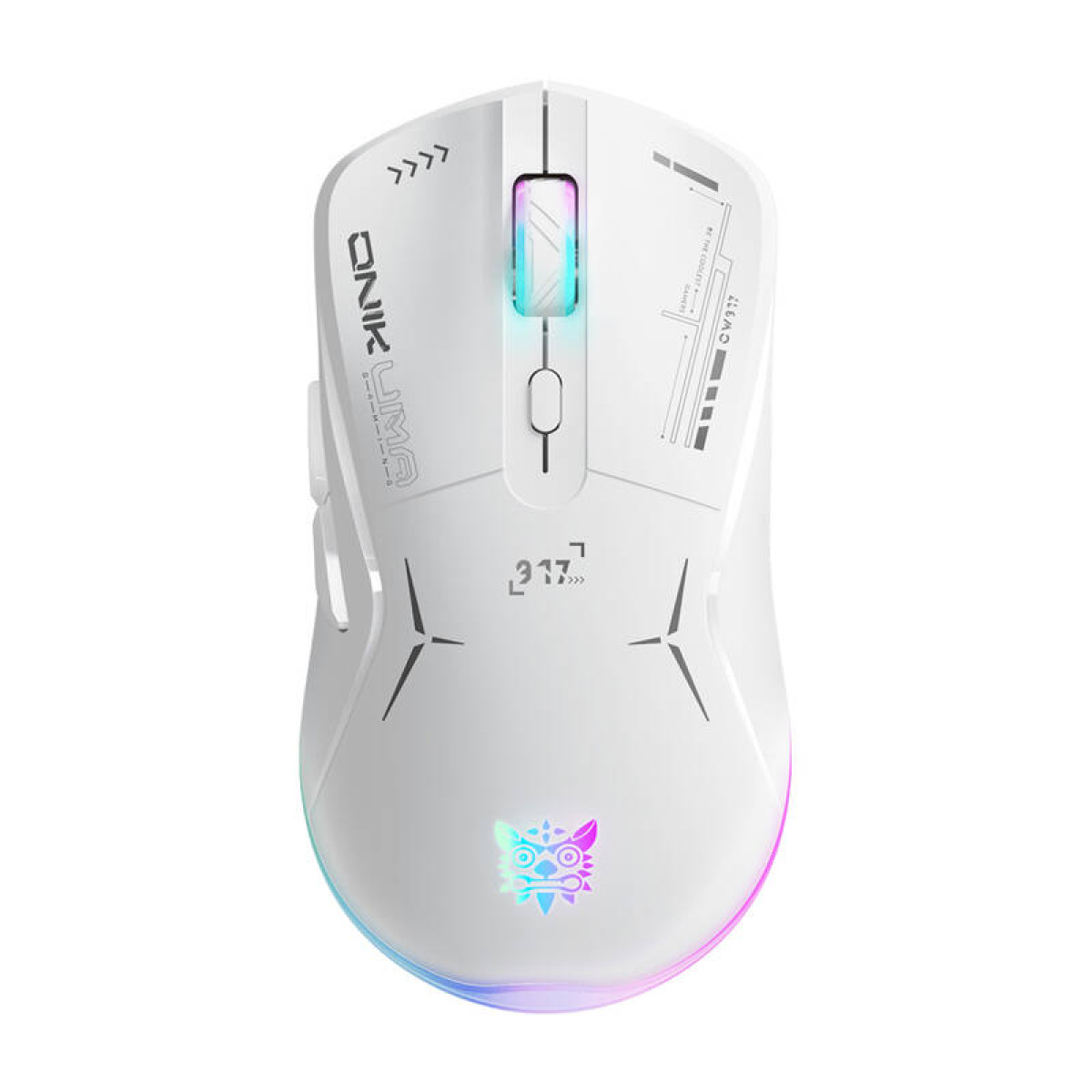 Un mouse da gioco ergonomico bianco con illuminazione RGB sulla rotella di scorrimento, sulla base e sul logo.