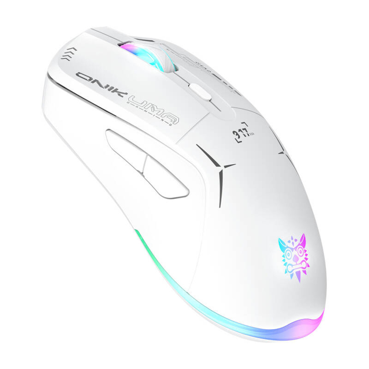 Un mouse da gioco ergonomico bianco con illuminazione RGB sulla rotella e base, due pulsanti laterali e logo.
