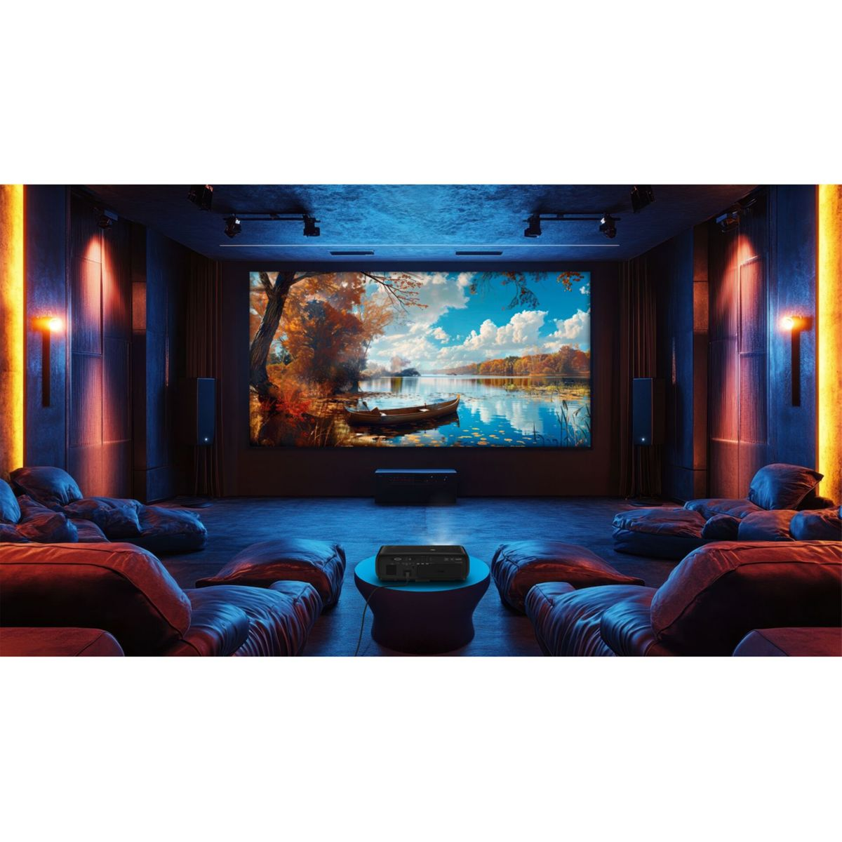 Heimkino mit blauer Beleuchtung, bequemen Sitzgelegenheiten, einem Projektor und großer Leinwand mit See-Motiv.