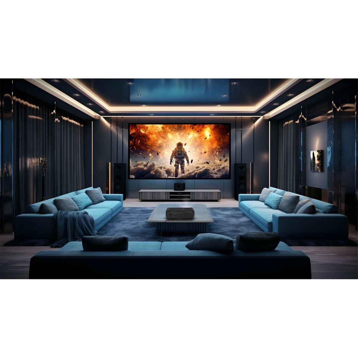 Moderne Heimkino-Lounge mit blauen Sofas, großem Bildschirm und Kinoleinwand mit einer Astronautenszene.