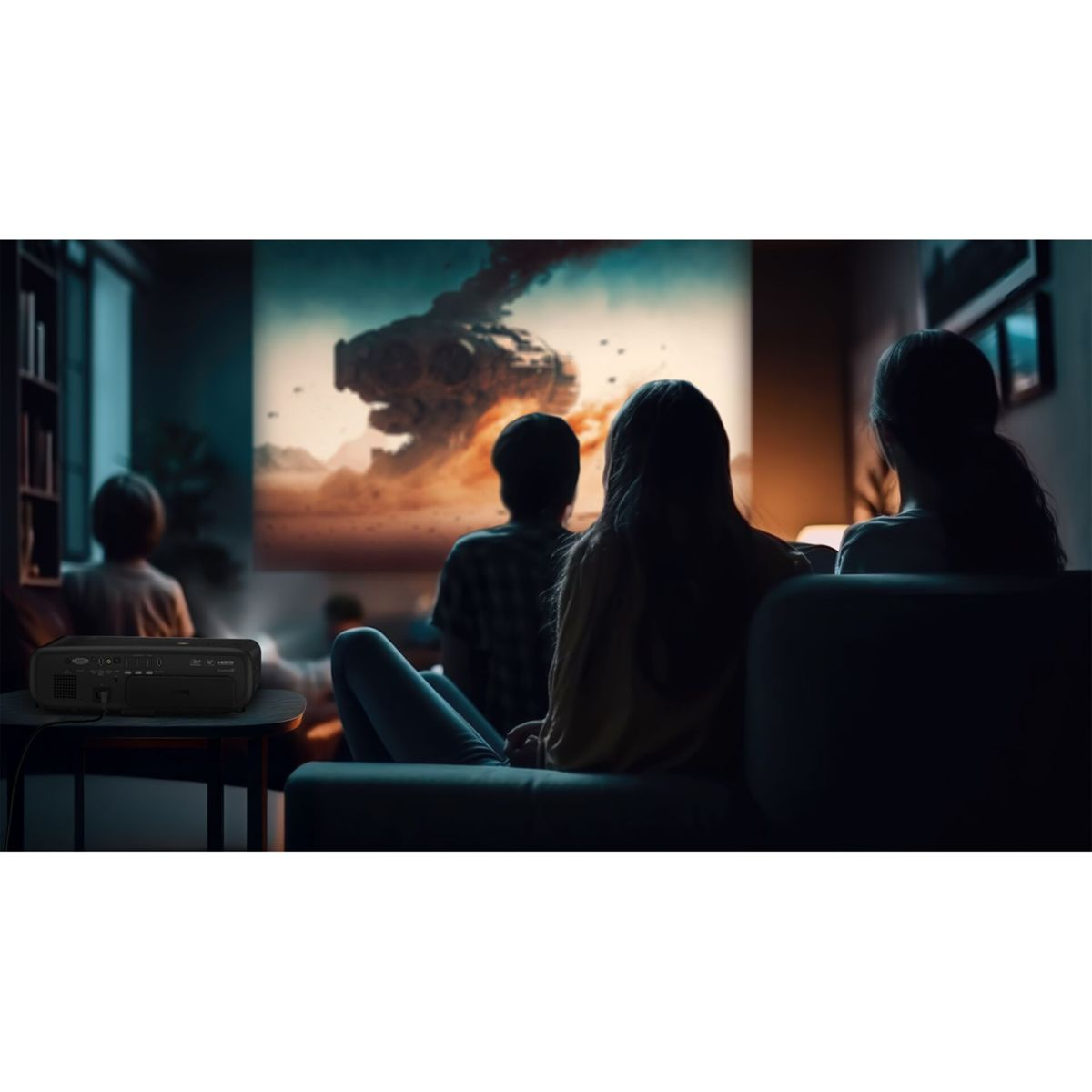 Vier Personen sitzen auf einem Sofa und schauen einen Film, der von einem Projektor an die Wand geworfen wird.