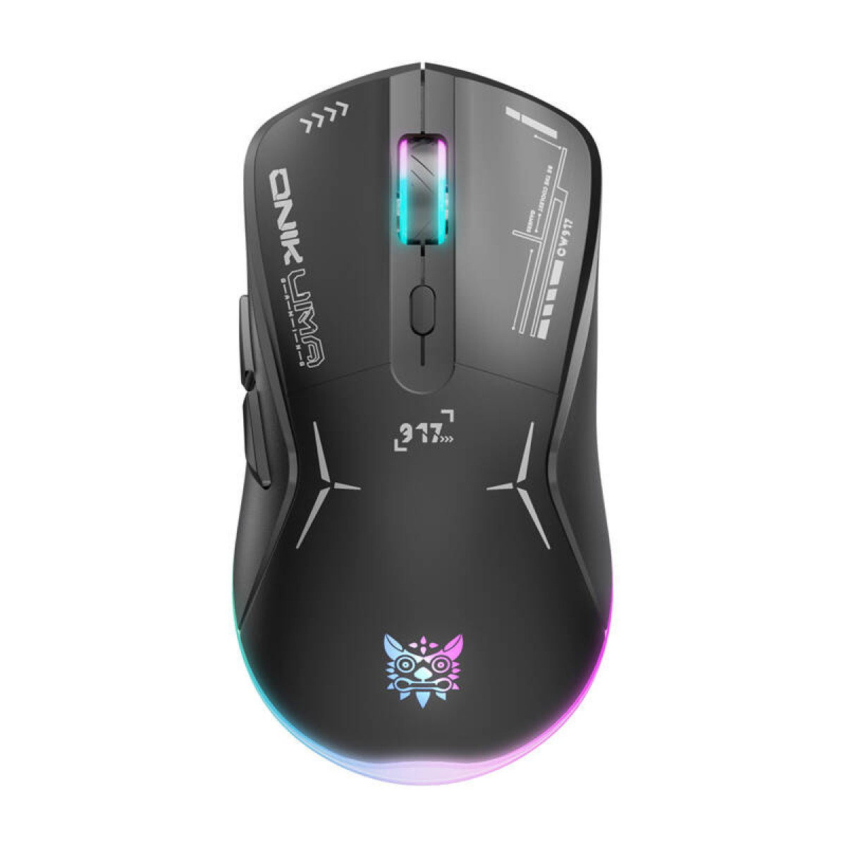 Mouse da gioco nero con illuminazione RGB e logo Onikuma su sfondo chiaro.