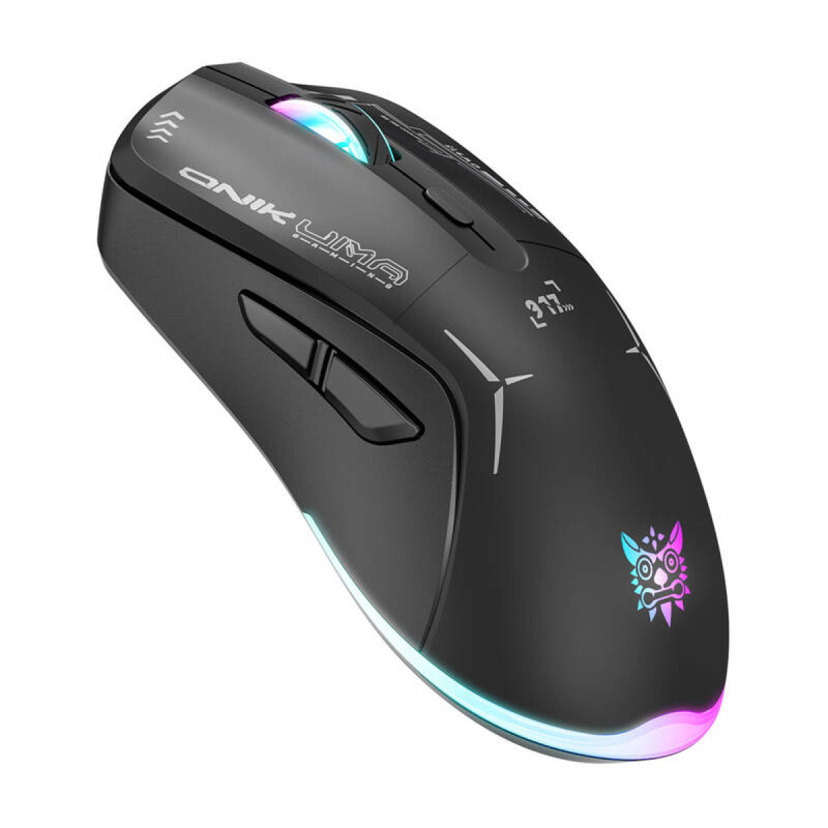 Un mouse da gioco ergonomico nero con illuminazione RGB sulla rotellina, sui pulsanti laterali e sul bordo inferiore.
