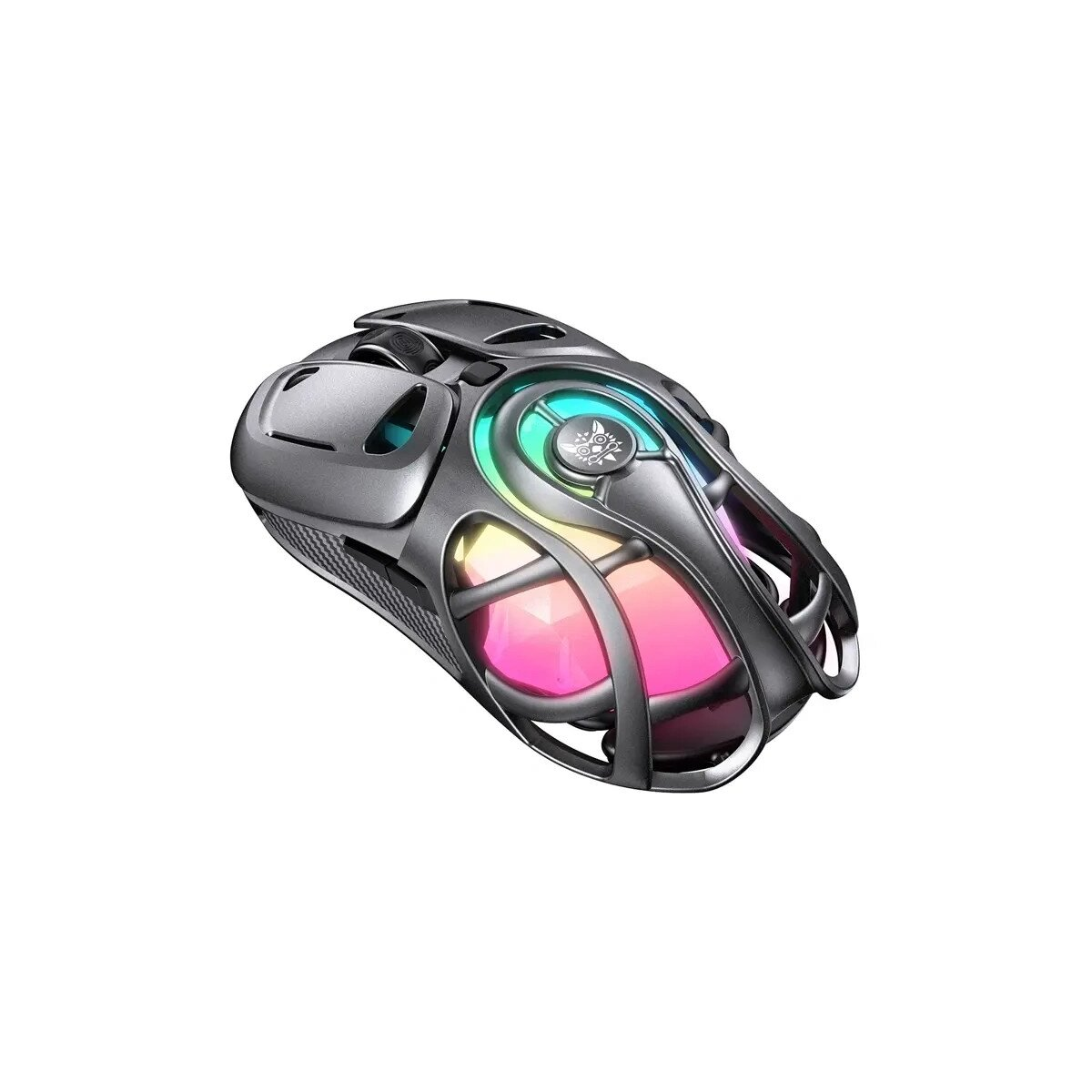 Un mouse da gioco grigio scuro futuristico con vivace illuminazione RGB e scocca scheletrata su sfondo bianco.