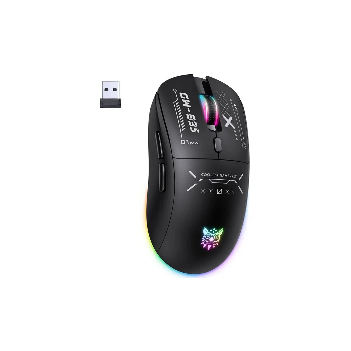 Un mouse da gioco wireless nero con illuminazione RGB e ricevitore USB su sfondo bianco.