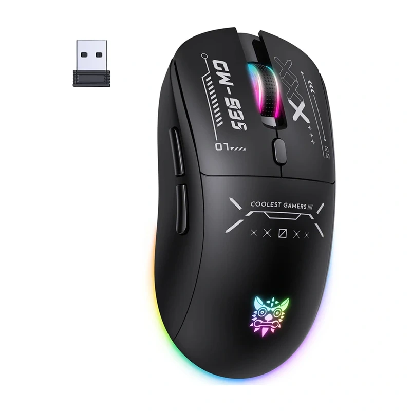 Mouse da gioco wireless nero con illuminazione RGB e ricevitore USB su sfondo bianco.