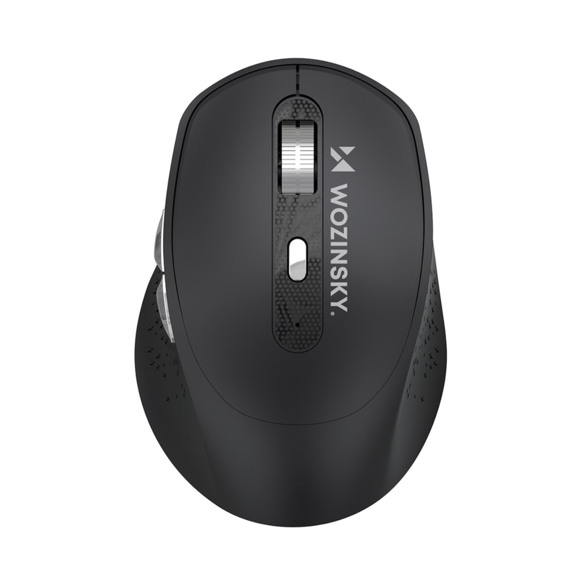 Vista dall'alto di un mouse per computer wireless Wozinsky nero con rotella di scorrimento argentata su sfondo bianco.