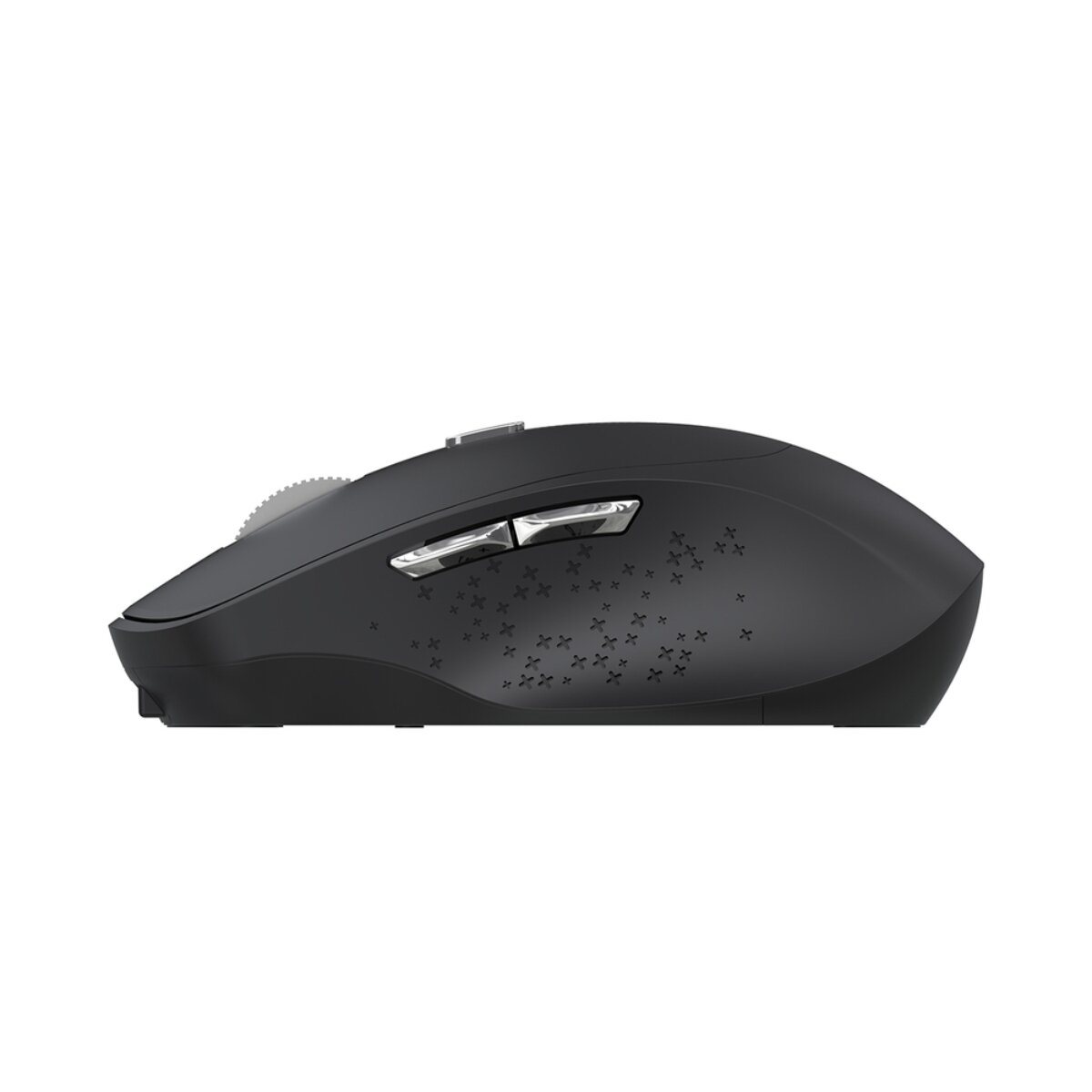 Vista laterale di un mouse da computer nero ergonomico con due pulsanti laterali argentati.
