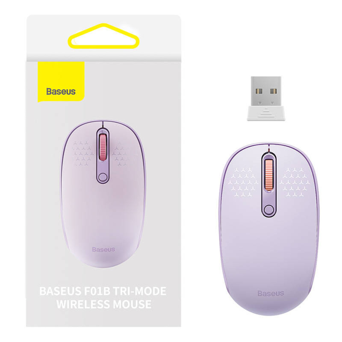 Un ratón inalambrico morado Baseus F01B con receptor USB y su caja.