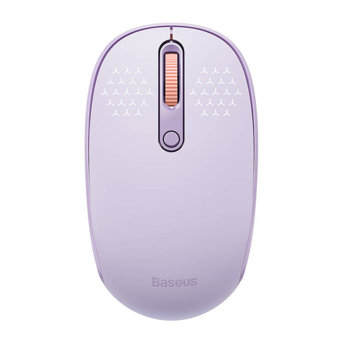 Ratón de ordenador Baseus morado con rueda de desplazamiento y pequeño patrón arriba, sobre fondo blanco.
