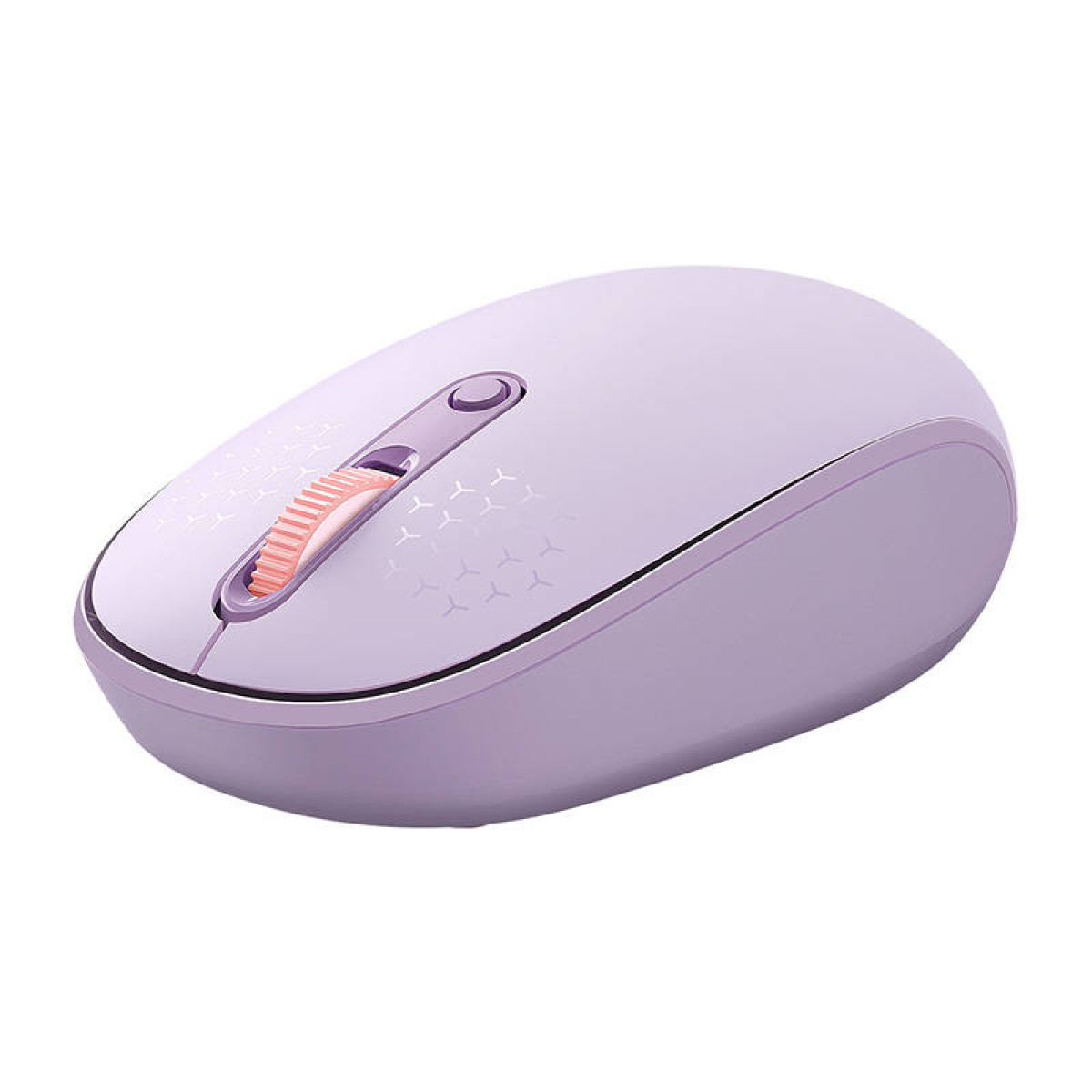 Un ratón de ordenador inalámbrico color lavanda con rueda de desplazamiento rosa sobre fondo blanco.