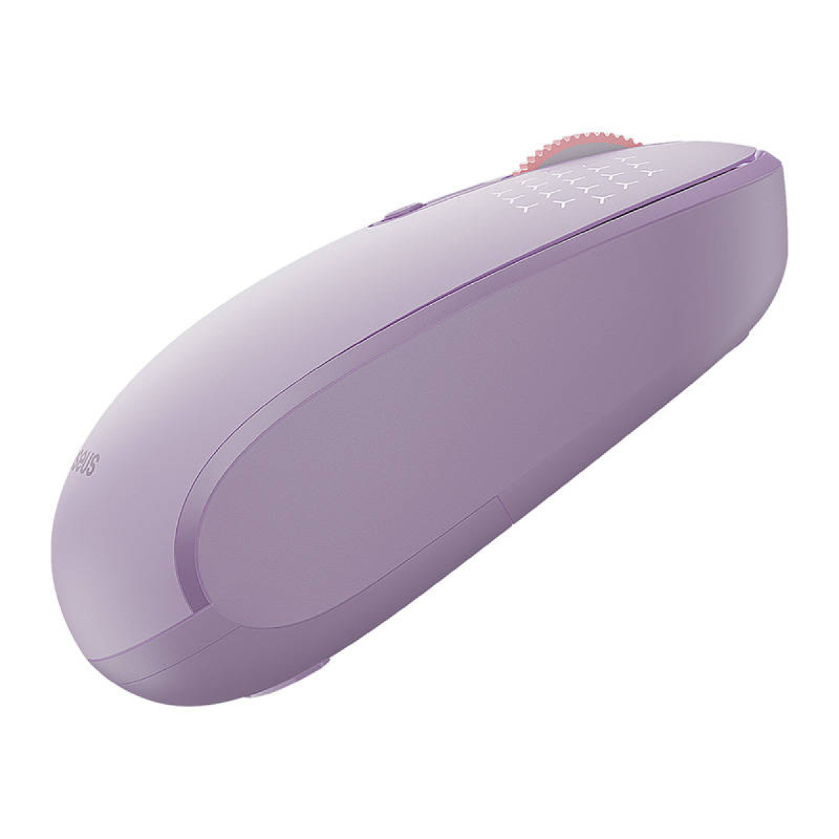 Un ratón inalambrico morado y elegante con una rueda de desplazamiento rosa sobre fondo blanco.
