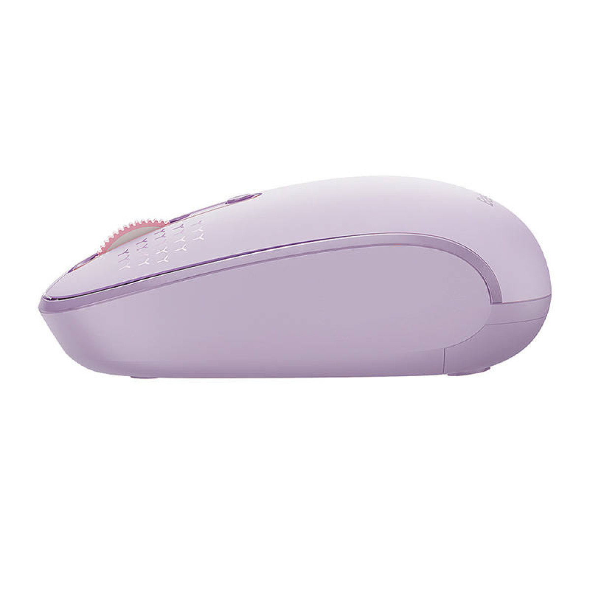 Un elegante ratón de ordenador de color morado claro con rueda de desplazamiento rosa en perfil sobre fondo blanco.