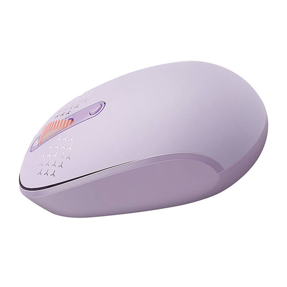 Un ratón de ordenador inalámabrico de color morado claro con una rueda de desplazamiento naranja sobre fondo blanco.