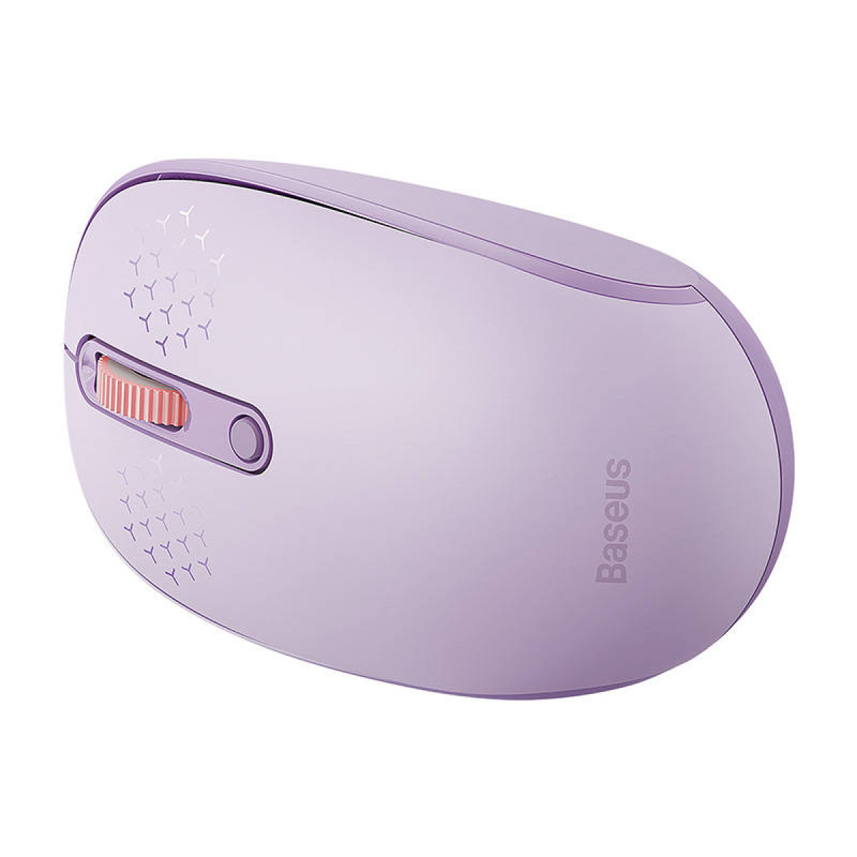 Un ratón de ordenador inalámbrico de color lavanda con una rueda de desplazamiento naranja y el logotipo de Baseus.